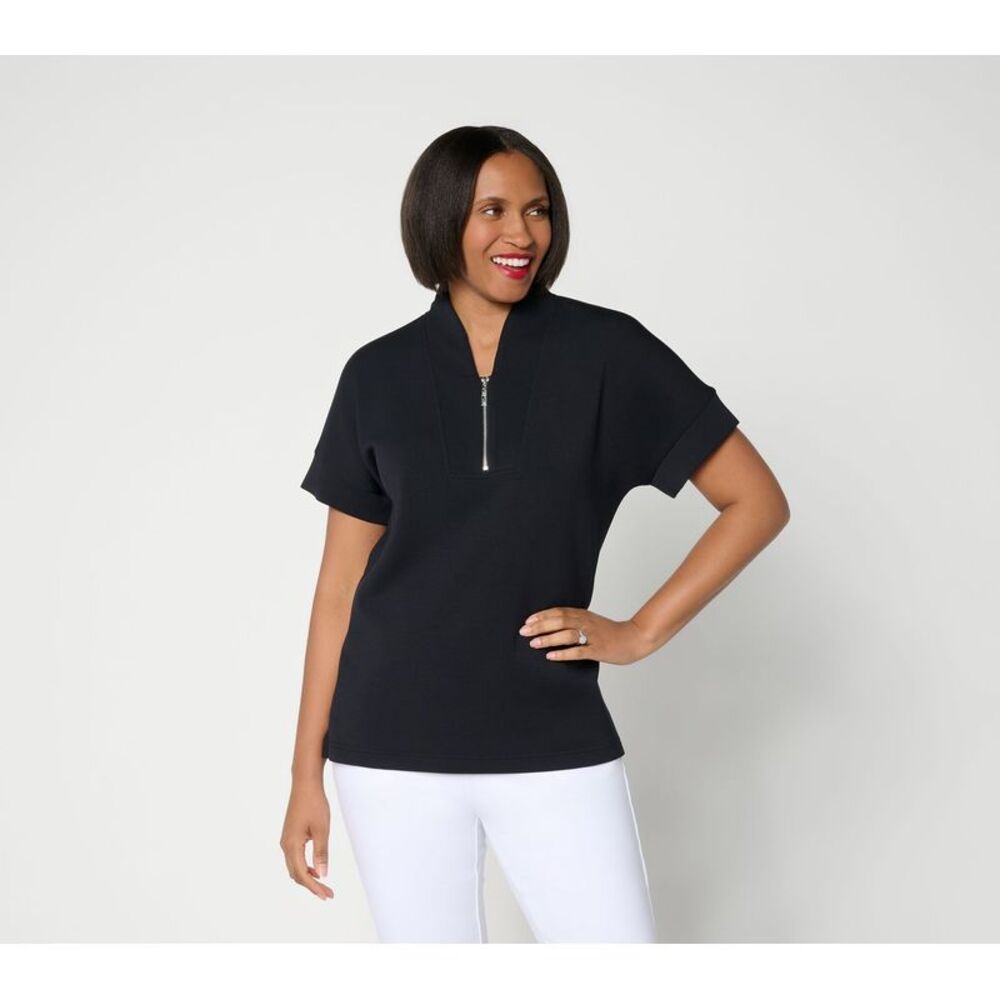 Belle by Kim Gravel Women's Top Sz L ScubaLuxe Half Zip Short Black